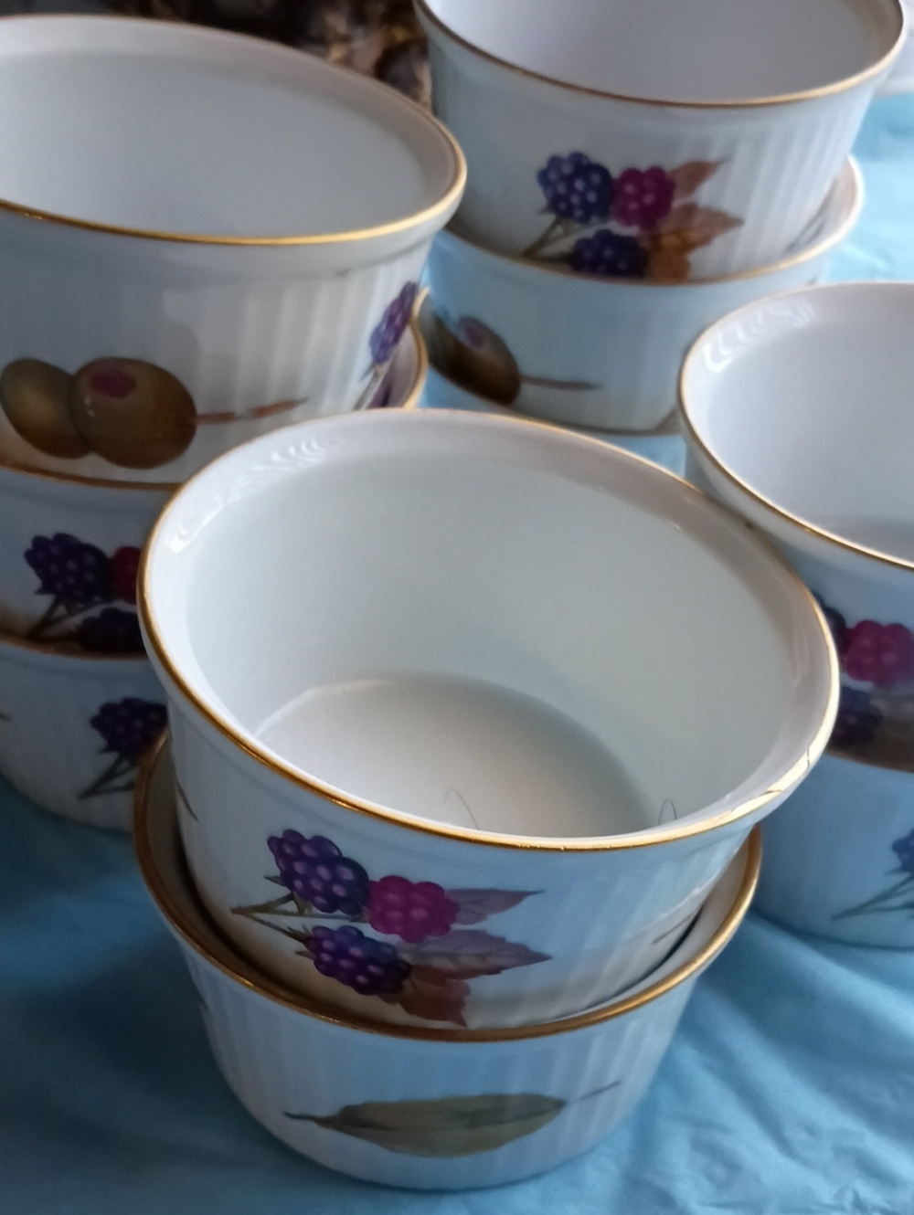 Royal Worcester White Porcelain Ramekins with Purple Berry Motif and Gold Trim